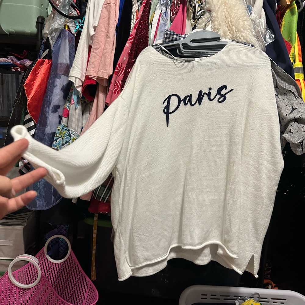 White Sweater with 'Paris' Embroidery